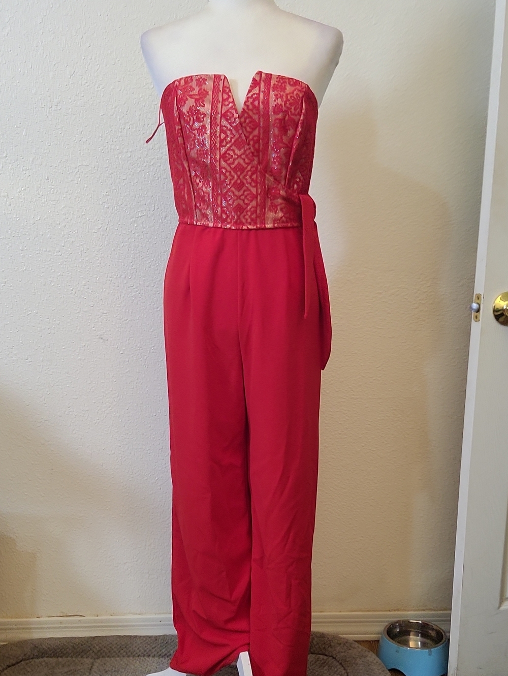 miami Strapless Red Lace Bustier Wide-Leg Jumpsuit